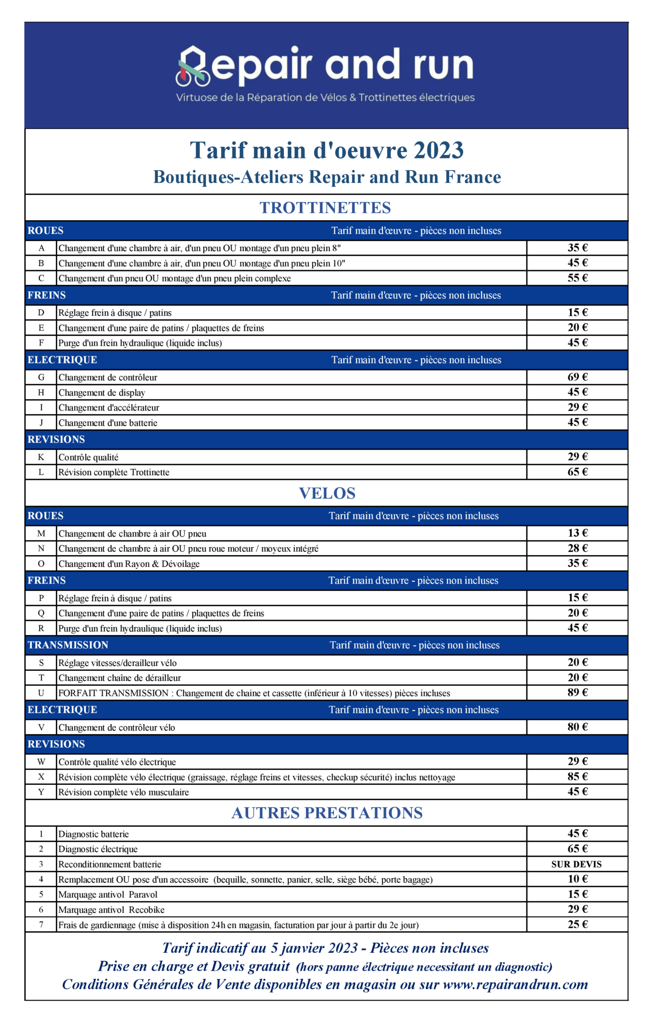 Tarifs Repair and Run 2023